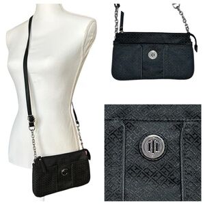 TOMMY HILFIGER Black Jacquard Crossbody Bag Silver Hardware 9.5" x 6" Vegan